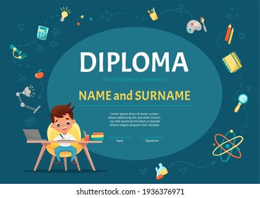 Certificate kids diploma for kindergarten or Elementary Preschool with a cute boy sitting at the table and making the homework on background with hand-drawn elements. Vector cartoon flat illustration