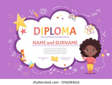 Certificate kids diploma for kindergarten or Elementary Preschool with a cute black girl with curly dark hair on background with hand-drawn elements. Vector cartoon illustration