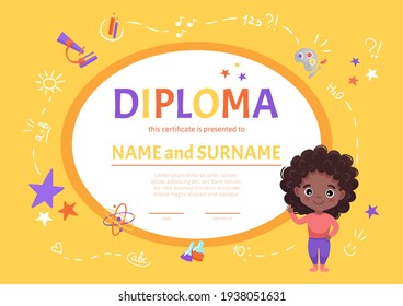 Certificate kids diploma for kindergarten or Elementary Preschool with a cute black girl with curly dark hair on background with hand-drawn elements. Vector cartoon illustration