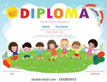 Certificate kids diploma, kindergarten template layout space background frame design vector. Preschool Kids Diploma,Certificate of children diploma, education preschool concept. Vector Illustration