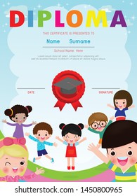 Certificate kids diploma, kindergarten template layout space background frame design vector. Preschool Kids Diploma,Certificate of children diploma, education preschool concept. Vector Illustration