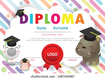 Certificate kids diploma, kindergarten template layout space background frame design vector. Preschool Kids Diploma,Certificate of children diploma, education preschool concept. Vector Illustration