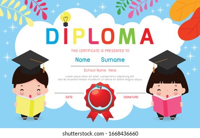 Certificate kids diploma, kindergarten template layout space background frame design vector. Preschool Kids Diploma,Certificate of children diploma, education preschool concept. Vector Illustration
