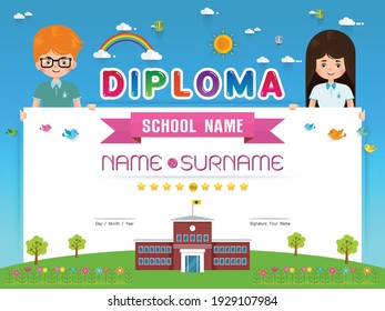 Certificate kids diploma, kindergarten template layout background frame design Vector illustration. Preschool Elementary school Kids Diploma certificate background design template