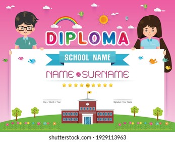 Certificate kids diploma, kindergarten template layout background frame design Vector illustration. Preschool Elementary school Kids Diploma certificate background design template