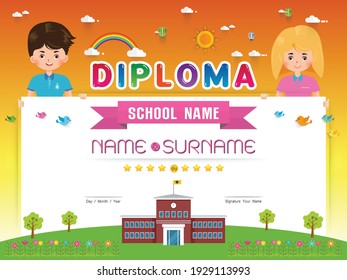 Certificate kids diploma, kindergarten template layout background frame design Vector illustration. Preschool Elementary school Kids Diploma certificate background design template