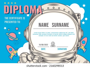 Certificate kids diploma, kindergarten template layout astronaut vintage vector.