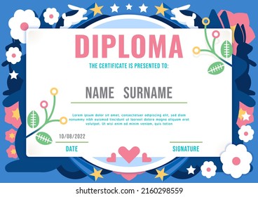 Certificate kids diploma, kindergarten template layout bunny rainbow flower nature eco vector.