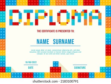 Certificate kids diploma, kindergarten template layout toy block vector.