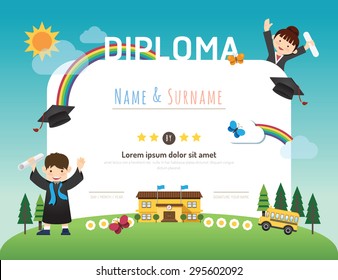 Certificate kids diploma, kindergarten template layout background frame design vector. education preschool concept flat art style