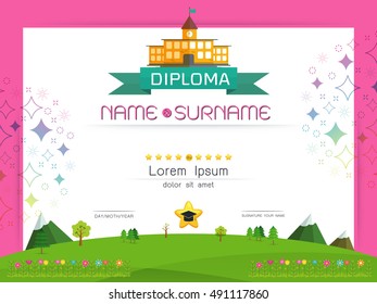 Certificate kids diploma, kindergarten template layout background frame design Vector illustration. Preschool Elementary school Kids Diploma certificate background design template
