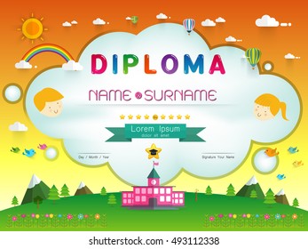 Certificate kids diploma, kindergarten template layout background frame design Vector illustration. Preschool Elementary school Kids Diploma certificate background design template