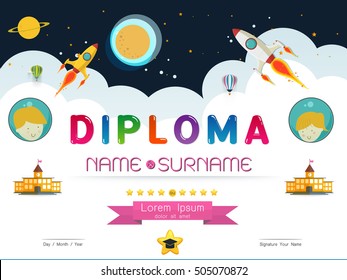 Certificate kids diploma, kindergarten template layout space background frame design vector. education preschool concept flat art style