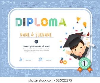 Certificate kids diploma, kindergarten template layout background frame design vector. education preschool concept.
