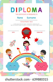 Certificate kids diploma, kindergarten template layout space background frame design vector. Diploma template for kindergarten students, Certificate of kids diploma, education preschool concept.