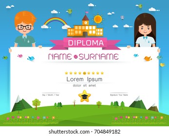 Certificate kids diploma, kindergarten template layout background frame design Vector illustration. Preschool Elementary school Kids Diploma certificate background design template