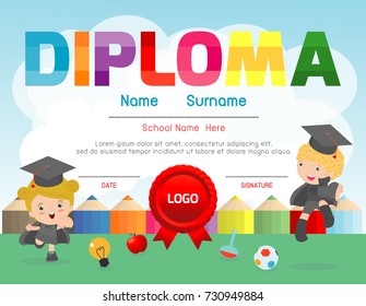 Certificate kids diploma, kindergarten template layout space background frame design vector.