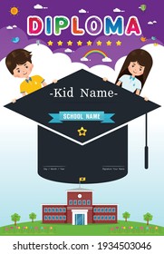 Certificate kids diploma, kindergarten vertical  template layout background frame design Vector illustration. Preschool Elementary school Kids Diploma certificate background design template
