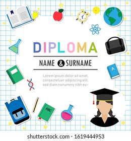 Certificate kids diploma, kindergarten.template layout space background frame design vector. education preschool concept.