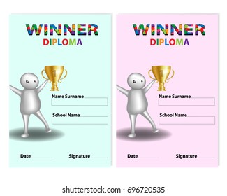 Certificate kids diploma, template layout space background frame design vector. Congratulations win banner. Diploma template for kids - winner.