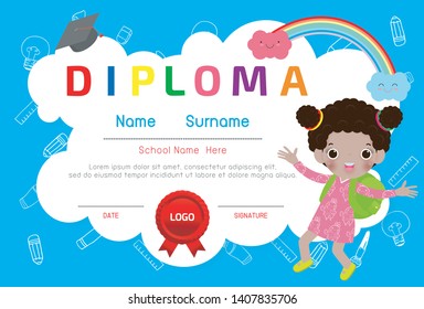 Certificate of kids diploma vector illustration, Certificates kindergarten and elementary, Preschool Kids Diploma certificate pattern design template, Diploma template for kindergarten students