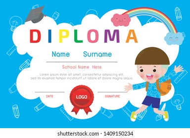 Certificate of kids diploma vector illustration, Certificates kindergarten and elementary, Preschool Kids Diploma certificate pattern design template, Diploma template for kindergarten students