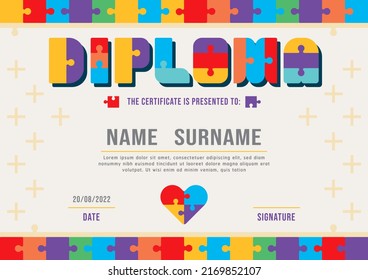 Certificate kids jisaw diploma, kindergarten template layout puzzle game vector.