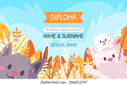 certificate of kindargarteen graduation template fun design school name in blue background modern isolated vector illustration