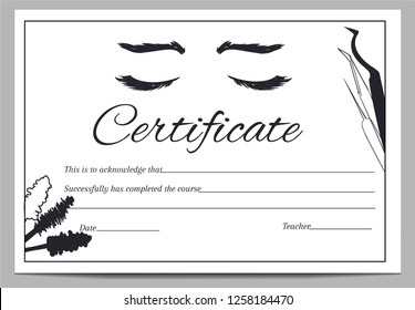 Certificate for lashmakers and eyebrow designers with eyelash extensions tools in modern style 