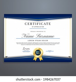 Certificate layout template with blue and gold colors, multipurpose certificate border vector.