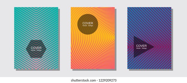 Certificate layouts vector graphic design set. Laconic nifty mockups. Halftone lines music poster background. Modern pink yellow blue branding. Flat lines shapes backgrounds for certificate layout.