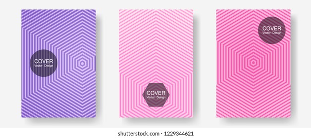 Certificate layouts vector graphic design set. Hipster placards. Halftone lines annual report templates. Contemporary violet pink collection. Flat lines shapes backgrounds for certificate layout.