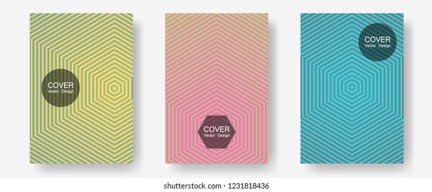 Certificate layouts vector graphic design set. Music placards. Halftone lines annual report templates. Vibrant pink blue yellow tech mockups. Flat lines shapes backgrounds for certificate layout.