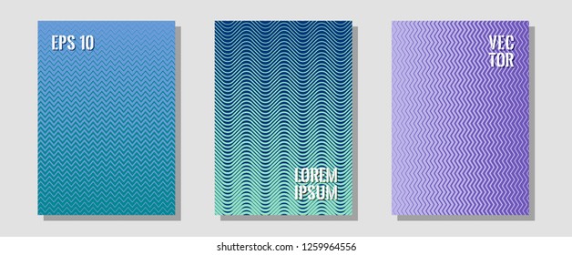 Certificate layouts vector graphic design set. Hipster placards. Zigzag halftone lines wave stripes backdrops. Technicolor composition. Flat lines shapes backgrounds for certificate layout.