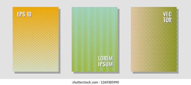 Certificate layouts vector graphic design set. Corporate catalogs. Zigzag halftone lines wave stripes backdrops. Technological formers. Flat lines shapes backgrounds for certificate layout.