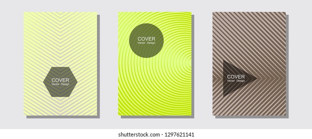 Certificate layouts vector graphic design set. Minimalistic journals. Halftone lines music poster background. Minimalist geometry. Flat lines shapes backgrounds for certificate layout.
