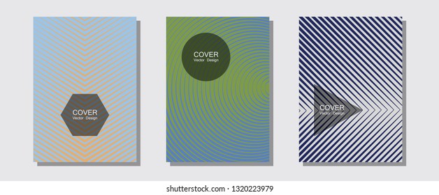 Certificate layouts vector graphic design set. Simple book covers. Halftone lines music poster background. Divergent maquettes. Flat lines shapes backgrounds for certificate layout.