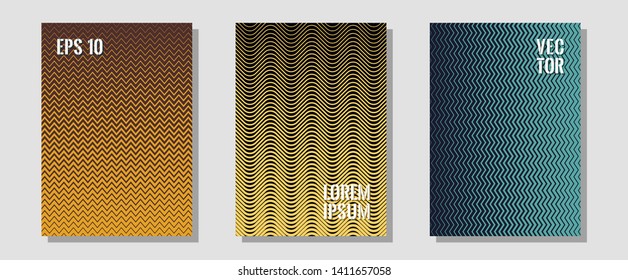 Certificate layouts vector graphic design set. Minimalist geometry. Zigzag halftone lines wave stripes backdrops. Musical album adverts. Flat lines shapes backgrounds for certificate layout.