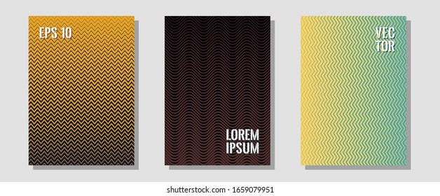 Certificate layouts vector graphic design set. Musical album adverts. Zigzag halftone lines wave stripes backdrops. Music placards. Flat lines shapes backgrounds for certificate layout.
