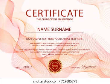 Certificate with light background. Design template with red guilloche pattern (lines)
