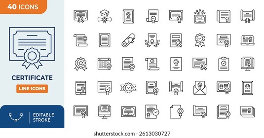 Certificate line editable icon set. Editable stroke. Vector illustration	
