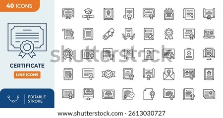 Certificate line editable icon set. Editable stroke. Vector illustration	
