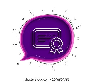 Icono de línea de certificado. Burbuja de chat con sombra. Signo de documento verificado. Símbolo aceptado o confirmado. Icono de certificado de línea delgada. Vector