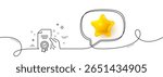 Certificate line icon. Continuous line with 3d star. High quality or Guarantee sign. Verified document symbol. 3d star in speech bubble. Certificate single line ribbon. Loop curve pattern. Vector