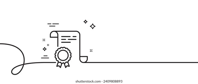 Certificate line icon. Continuous one line with curl. Certified document sign. Medal or stamp symbol. Certificate single outline ribbon. Loop curve pattern. Vector