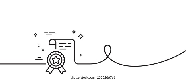 Certificate line icon. Continuous one line with curl. Certified document sign. Medal or stamp symbol. Certificate single outline ribbon. Loop curve pattern. Vector