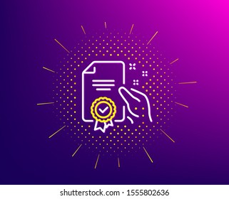 Certificate line icon. Halftone pattern. High quality or Guarantee sign. Verified document symbol. Gradient background. Certificate line icon. Yellow halftone pattern. Vector