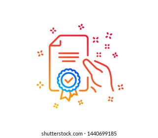 Certificate line icon. High quality or Guarantee sign. Verified document symbol. Gradient design elements. Linear certificate icon. Random shapes. Vector