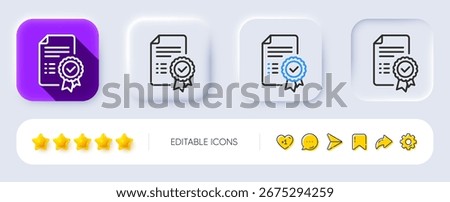 Certificate line icon. Neumorphic, Flat shadow, 3d buttons. Verified document sign. Accepted or confirmed symbol. Line certificate icon. Social media icons. Vector