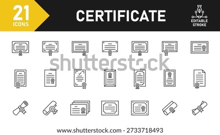 Certificate line icon set. Set of 21 outline icons related to certificate, diploma, graduation, document, award, achievement and others. Editable stroke. Vector illustration.